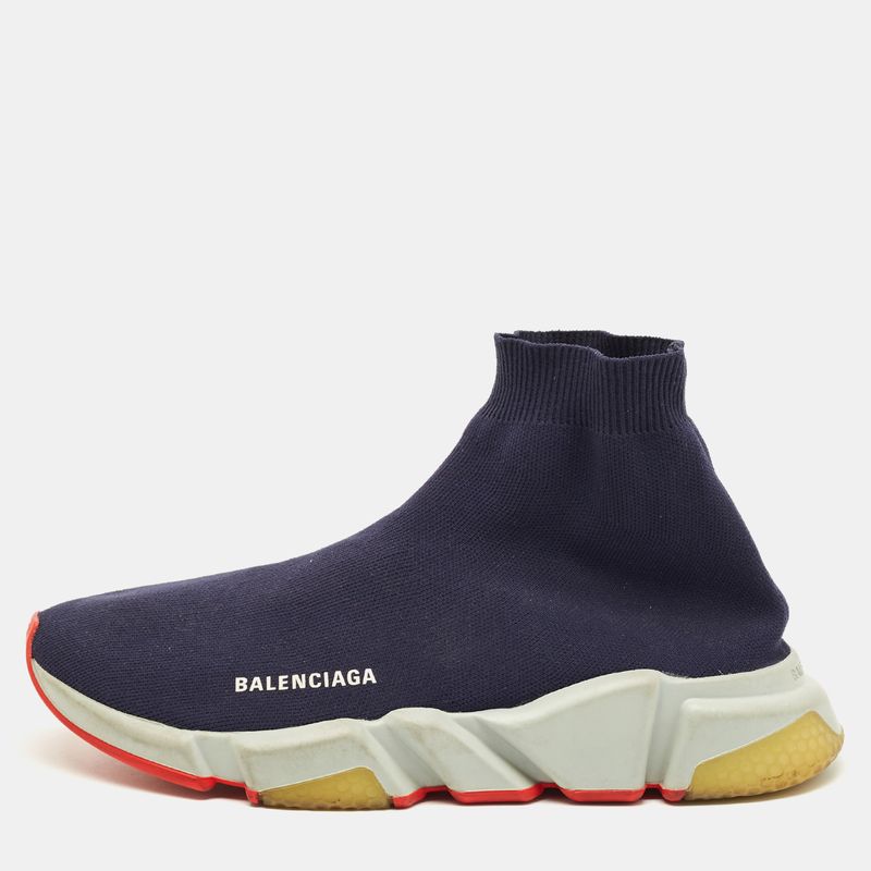 Balenciaga Speed Trainer Size 42 Navy Blue Knit Fabric High Top Sneakers